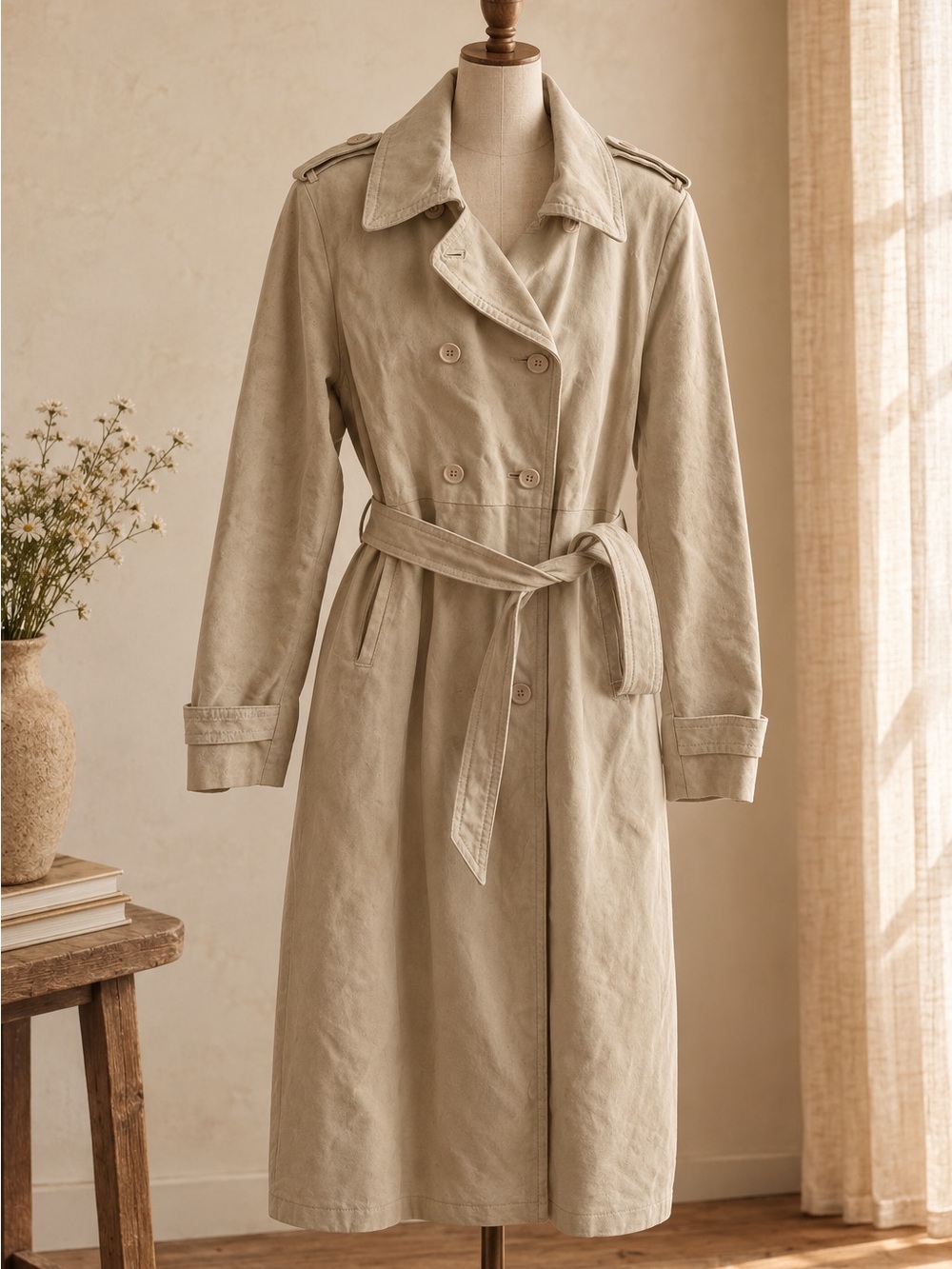 Vintage Heavyweight Beige Suede Double-Breasted Trench Coat Size M